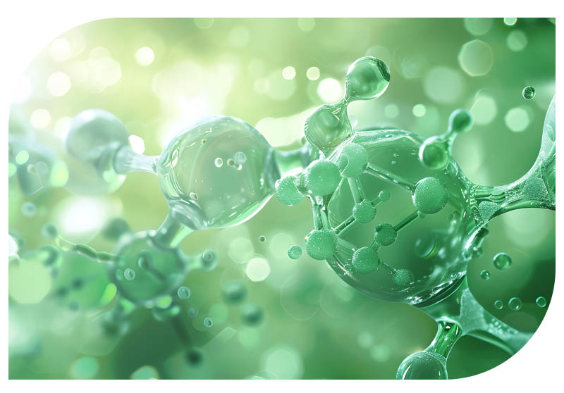 Abstract green molecular structure representing Phast's sustainable bioplastic polymers engineered through bacterial fermentation